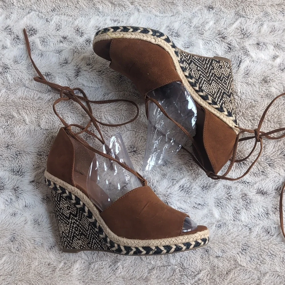 Sugar Faux Suede Shayla Espadrille Wedge Tie Brown Espadrille Sandals